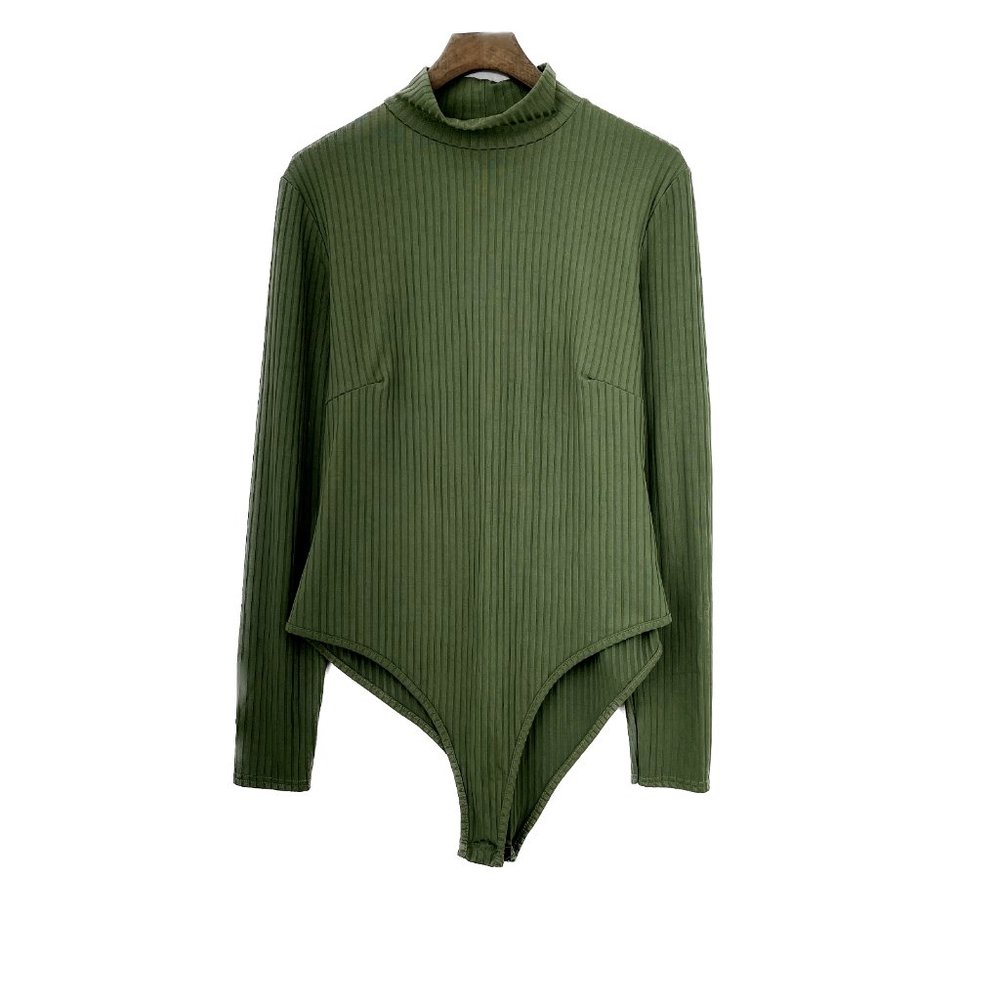 Boohoo Ribbed High Neck Green Bodysuit Size 46